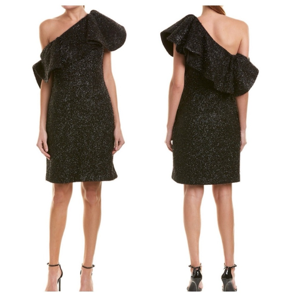 Halston Heritage One Shoulder Black Tinsel Ruffle Sleeve Mini Dress Size‎ 6